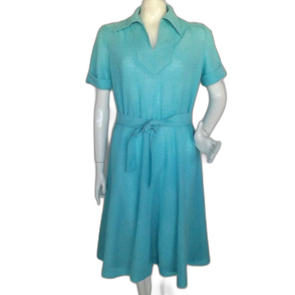 KAY WINSOR Day Dress, L, Aqua Blue, Short sleeves, Dagger collar, VINTAGE - Picture 1 of 13